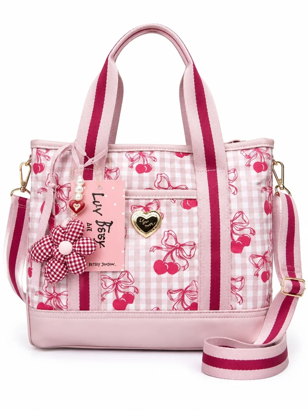 Luv Betsey Cherry Bow Gingham Tote Bag Pink Red Coquette NWT Crossbody - Picture 1 of 3